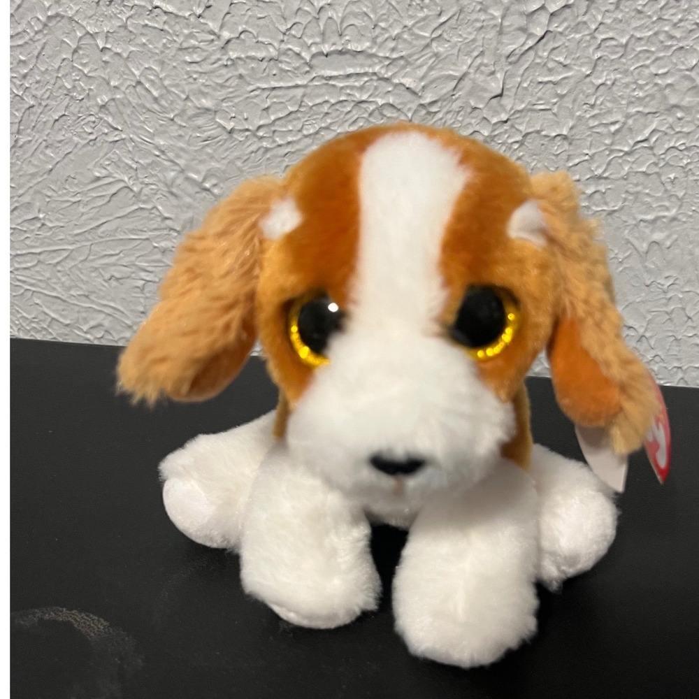 Ty Beanie Babies Barker Spaniel Dog Brown White Plush Gold Glitter Eyes 2021 6"